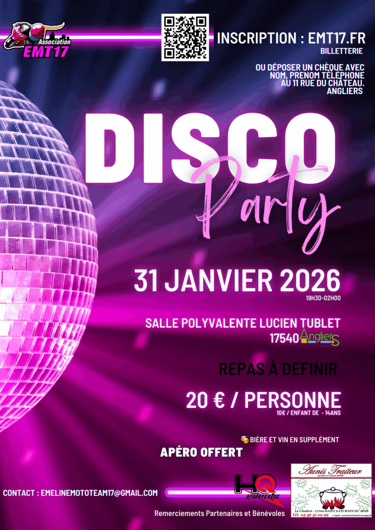 Soirée disco le 31 janvier 2026 à angliers repas et apéro
