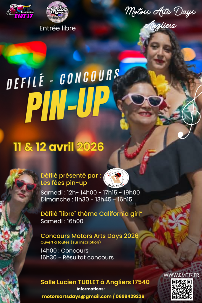 concours et défilé pin-up lors du motors arts days à angliers le 11 et 12 avril 2026