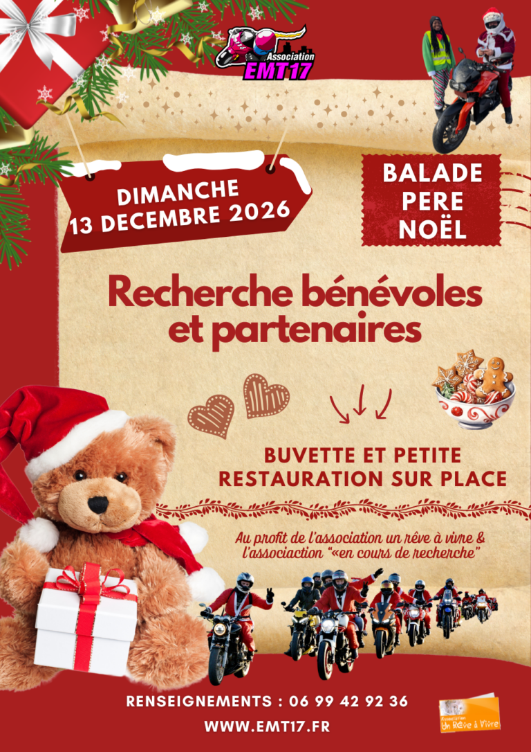 recherche benevole et partenaire pour la balade des peres noel a moto de la rochelle EMT17